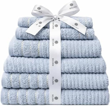 BIOLINEN Sky 6 Piece Towel Set, 2 Bath Towels 2 Hand Towels 2 Washcloths, 100% Cotton Soft Absorbent Towel Sets for Bathroom Home Gym Spa Travel