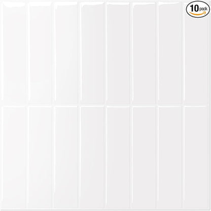 MORCART 10PCS 11.8"x11.8" Peel and Stick Backsplash, Bright White | 3D Adhesive Waterproof Wall Tiles for Kitchen, Bathroom, Living Room, Laundry Room, Subway Tiles