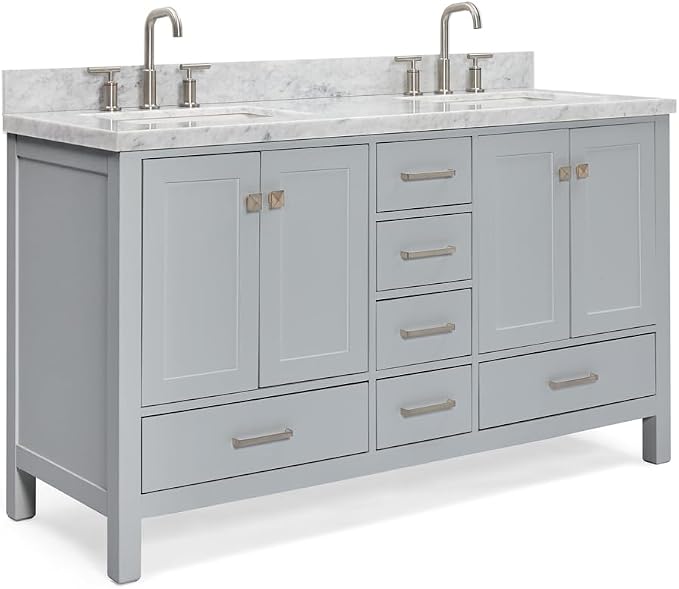 ARIEL Cambridge 60-inch Bathroom Vanity with Sink,Solid Wood, 1.5-inch Italian Carrara Marble Countertop, Double Rectangular Porcelain Sink, 4 Soft Closing Doors, 6 Dovetail Drawers, Grey