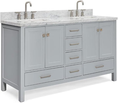 ARIEL Cambridge 60-inch Bathroom Vanity with Sink,Solid Wood, 1.5-inch Italian Carrara Marble Countertop, Double Rectangular Porcelain Sink, 4 Soft Closing Doors, 6 Dovetail Drawers, Grey