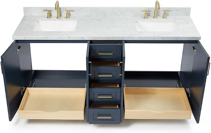 ARIEL Taylor 72-inch Bathroom Vanity with Sink,Solid Wood, 1.5-inch Italian Carrara Marble Countertop, Double Rectangular Porcelain Sink, 4 Soft Closing Doors, 6 Dovetail Drawers, Midnight Blue