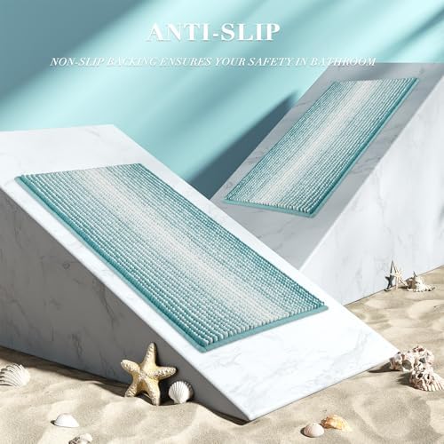 BSICPRO Bathroom Rugs Sets 2 Piece, Non Slip Striped Bath Mats, Aqua Green