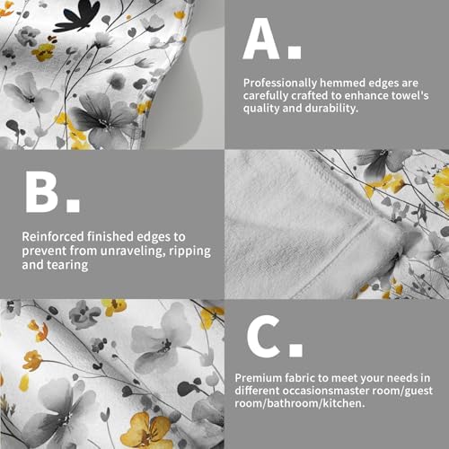 Spring Floral Hand Towels 14x28 Inch Set of 2 Watercolor Grey Yellow Wildflowers Absorbent Soft Dish Washing Cloth Tea Towels for Home Kitchen Bathroom Gym Hotel Spa Decor