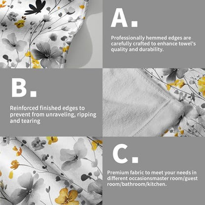 Spring Floral Hand Towels 14x28 Inch Set of 2 Watercolor Grey Yellow Wildflowers Absorbent Soft Dish Washing Cloth Tea Towels for Home Kitchen Bathroom Gym Hotel Spa Decor