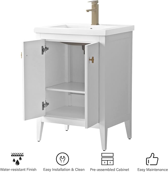 HOMEBEYOND 24" Bathroom Vanity with Ceramic Sink, Solid Wood Free-Standing Vanities Cabinet, Ceramic Top, Golden Brushed Handware & Soft Closing Door, White