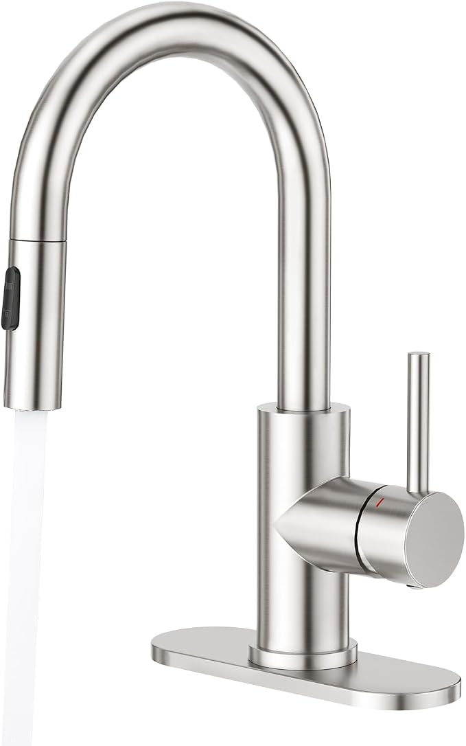 CREA Bathroom Faucet with Pull Out Sprayer,Brushed Nickel Single Handle Kitchen Bar Faucets for Mini Sink Pull Down Vanity Mixer Tap 2 Water Modes,cUPC/NSF