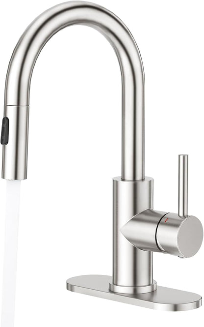 CREA Bathroom Faucet with Pull Out Sprayer,Brushed Nickel Single Handle Kitchen Bar Faucets for Mini Sink Pull Down Vanity Mixer Tap 2 Water Modes,cUPC/NSF