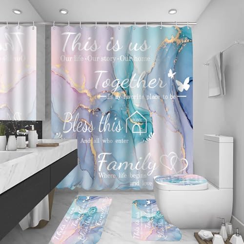 4Pcs Family Marble Shower Curtain Sets with Rugs