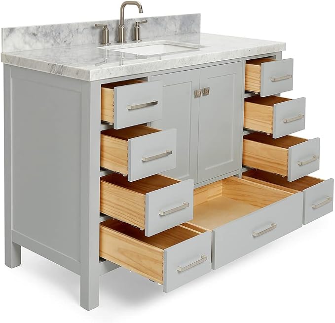 Beckford 48-Inch Bathroom Vanity with Sink — Grey Single Sink Bathroom Vanity, 1.5" Edge Italian Carrara Marble Top, Solid Wood, 2 Soft-Close Doors, 9 Dovetail Drawers