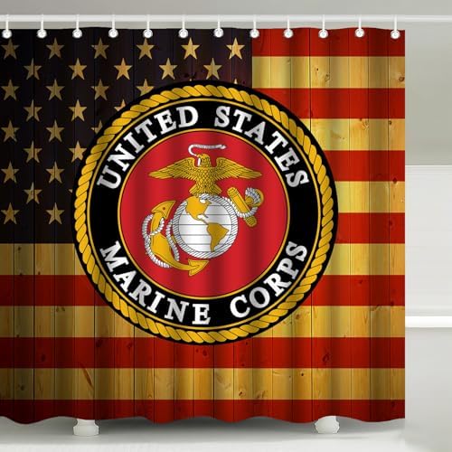 US Marine Corps Wooden American Flag Shower Curtain with Hooks 72 x 72 Inch