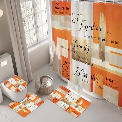 Beige Orange Abstract Oil Quotes 4Pcs Bathroom Shower Curtain Set with Rugs