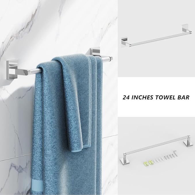 Bathroom Hardware Set 4 Piece Brushed Nickel/Brushed Gold Bathroom Accessories Set Including 24" Hand Towel Bars, Toilet Paper Holders, Towel Rings, Robe Towel Hooks (4pcs, Brushed Gold)