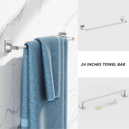 Bathroom Hardware Set 4 Piece Brushed Nickel/Brushed Gold Bathroom Accessories Set Including 24" Hand Towel Bars, Toilet Paper Holders, Towel Rings, Robe Towel Hooks (4pcs, Brushed Gold)