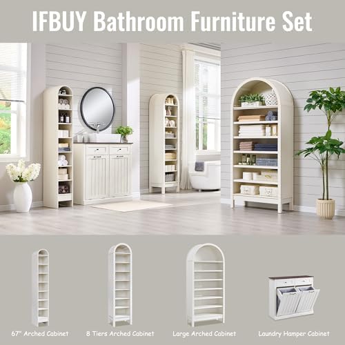 IFBUY 71" Tall Arched Bathroom Storage Cabinet, 7-Tier Modern Farmhouse Storage Cabinet with Adjustable Shelves, Wood Freestanding Cabinet for Bathroom, Living Room, Entryway, Hallway (Antique White)
