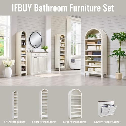 IFBUY 67" Tall Arched Bathroom Storage Cabinet, 8-Tier Modern Farmhouse Storage Cabinet with Adjustable Shelves, Wood Freestanding Cabinet for Bathroom, Living Room, Entryway, Hallway (Antique White)