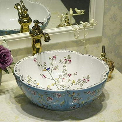 Ceramic Bathroom Vessel Sinks American Style Blue White Countertop Sink Bowl with Flower Bird Pattern without Faucet,Dia.16.4x"H5.9" Size