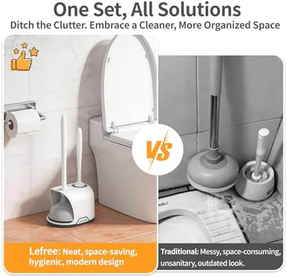 Lefree, 2 in 1 Toilet Brush and Plunger Set with Silicone Bristles, Plastic Material, Includes Holder, White/Black, for Deep Cleaning