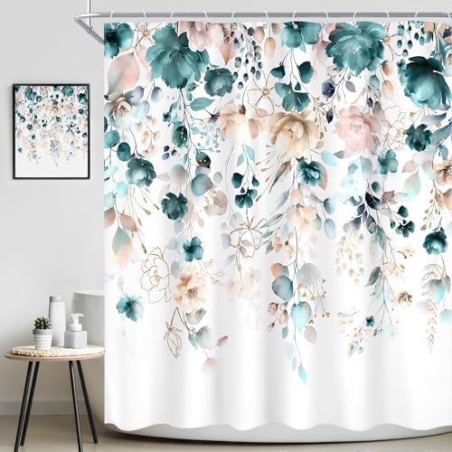 Floral Teal Green Eucalyptus Leaf Rustic Bathroom Shower Curtain Set