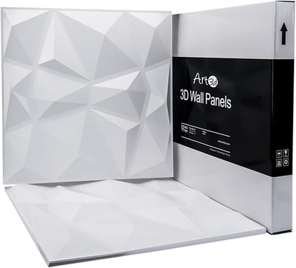 Art3d 12 Pack 3D Diamond Design Wall Panels 19.7"x19.7" PVC Panel for Interior Wall Decor Living Room, Office, TV Background, Snow White