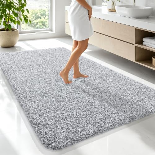 OLANLY Microfiber Bathroom Rugs 70x46, Quick Dry Bath Mat, Grey and White
