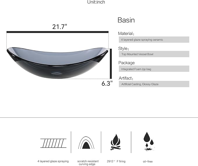 Bathroom Boat Shape Artistic Glass Vessel Sink Free Chrome Faucet and Pop-up Drain Set, Bluish Grey