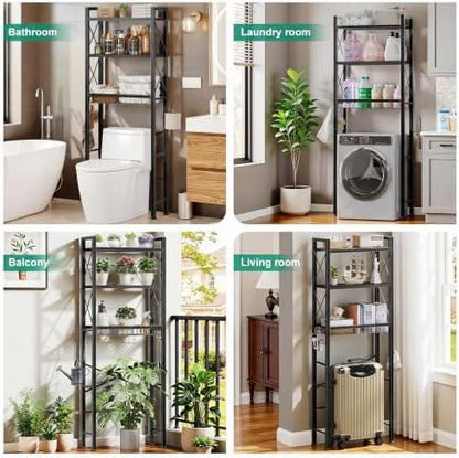 Kalrin Over The Toilet Storage with X Shape Side Guardrail, 3-Tier Over Toilet Storage Rack with Drain Basket, Freestanding Bathroom Organizer for Balcony Laundry, Oak Grey