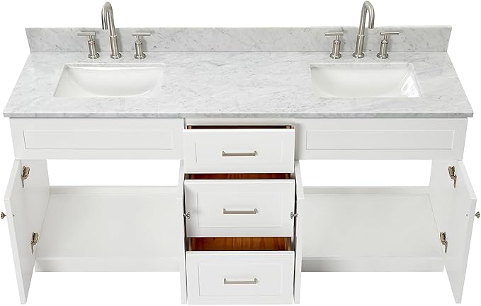 ARIEL Hamlet 72-inch Bathroom Vanity with Sink,Solid Wood, 0.75-inch Italian Carrara Marble Countertop & Backsplash, Double Oval Sink, 4 Soft Closing Doors, 3 Dovetail Drawers, White