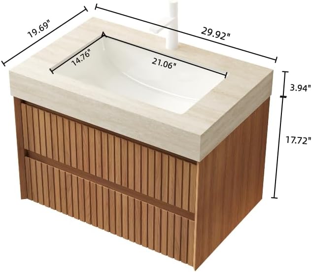 30'' Floating Bathroom Vanity with Sink, Wall Mounted Modern Cabinet W/Travertine-Pattern Sintered Top, Plywood & Solid Wood, Pre-Assembled with Undermount Ceramic Basin, Espresso Woodgrain