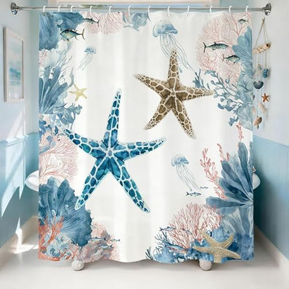 Coral Beach Shower Curtain for Bathroom, Ocean Coastal Theme, 72x72 In