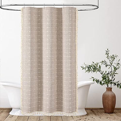 BTTN Stall Boho Farmhouse Linen Heavy Duty Shower Curtain, 36x72, Tan/Taupe