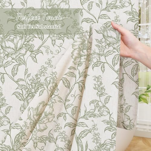 Sage Boho Linen Fabric Shower Curtain , Farmhouse Floral For Bathroom