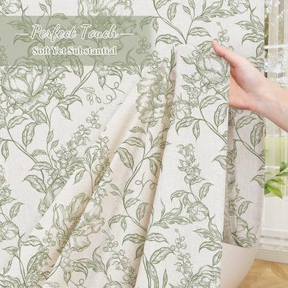 Sage Boho Linen Fabric Shower Curtain , Farmhouse Floral For Bathroom