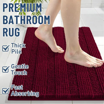 Grandaily Chenille Striped Bathroom Rugs 59x20, Extra Thick and Soft Absorbent Bath Mats, Rubber Backing, Plush Shaggy Shower Carpet, Machine Wash Dry, Bath Rug for Bathroom, Wine Red