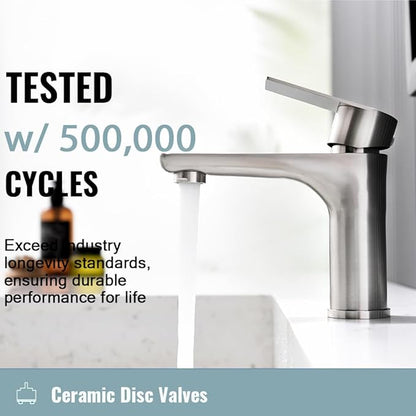 Single Hole Bathroom Faucet, Stainless Steel Bathroom Faucets, Brushed Nickel Commercial Bathroom Sink Faucet,Single Handle Bathroom Sink Faucet with Supply Lines, BF019L