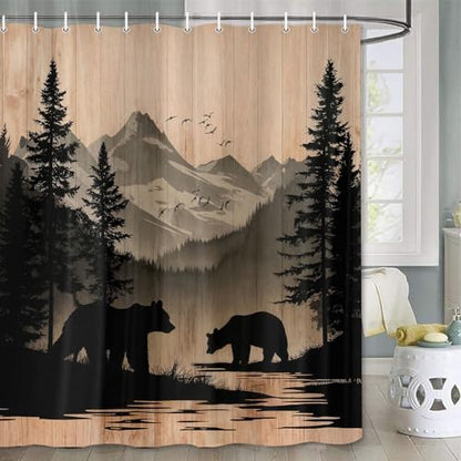 Rustic Cabin Shower Curtain, Mens Outdoor Bear Forest Wildlife Country Farmhouse Bath Curtains, Hunting Camping Camper RV Waterproof Fabric Bathroom Decor Accessories Set with Hooks,60X70IN