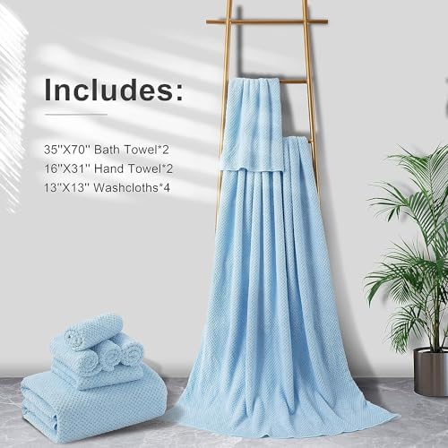 8-Piece Bath Towel Set, 2 Extra Large Bath Towel Sheets, 2 Hand Towels and 4 Washcloths - Highly Absorbent Quick Dry Microfiber,Ultra Soft Towel Set for Bathroom, Waffle Weave Design, Pack of 8(Blue)