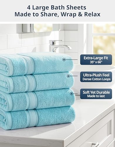LANE LINEN Bath Sheet - Zero Twist - 4 Pack (35"x66") Towels - Ultra Soft & Super Absorbent - Hotel Collection Oversized Bath Towel Sets - Upgrade Your Daily Routine to a spa-Like Retreat - Blue