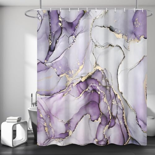 Purple Marble Shower Curtain, Modern Abstract Luxury Purple Gold Ink Texture Watercolor Art Bathroom Curtains Ombre Machine Washable Waterproof Fabric Bathtub Curtain Set with Hooks 72" Wx72 L