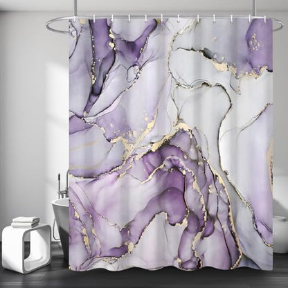 Purple Marble Shower Curtain, Modern Abstract Luxury Purple Gold Ink Texture Watercolor Art Bathroom Curtains Ombre Machine Washable Waterproof Fabric Bathtub Curtain Set with Hooks 72" Wx72 L