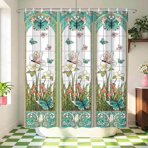 Stained Glass Vintage Floral Butterfly Shower Curtain 72x72 Inches