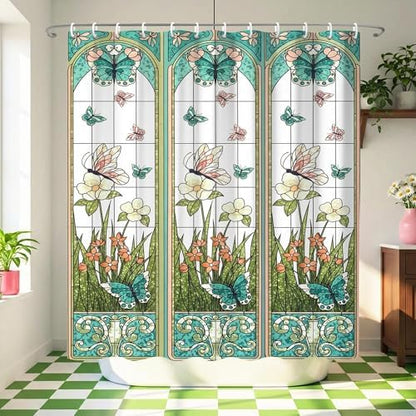 Stained Glass Vintage Floral Butterfly Shower Curtain 72x72 Inches