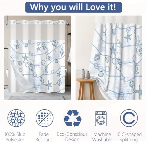 No Hook Nautical Shower Curtain with Snap in Liner 71x74 Inch
