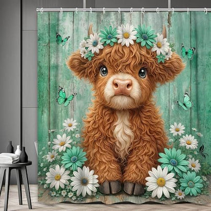 Cute Cow Shower Curtain, Farmhouse Rustic Green Floral Daisy Highland Cow Shower Curtains for Bathroom, Calf Country Farm Animal Garden Plant Fabric Bathroom Decor with Hooks, 36x72 inch