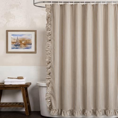 HunnmingRe Farmhouse Ruffled Striped Shower Curtain 72 x 72 Inch Brown Faux Linen Vintage Rustic Boho Stripe Shower Curtain with 12 Hooks for Bathroom Bathtubs Natural Decor