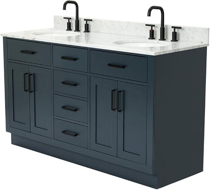 ARIEL Hepburn 60-inch Bathroom Vanity with Sink,Solid Wood, 0.75-inch Italian Carrara Marble Countertop, Double Oval Porcelain Sink, 4 Soft Closing Doors, 6 Dovetail Drawers, Midnight Blue