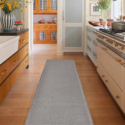 ZALL Grey Waffle Bath Mat,Super Absorbent Non Slip Long Bathroom Runner Rug,Gray 24X72inch,Machine Washable Ultra Soft Floor Mats