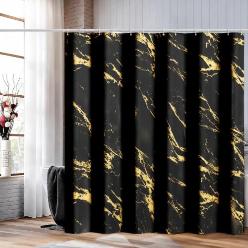 Black and Gold Shower Curtain 72 x 78 Inch, Extra Long Black Marble Shower Curtain, Modern Fabric Shower Curtains for Bathroom, Water Resistant Bath Curtain Set with Hooks, Black Gold Texture