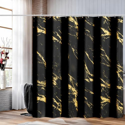 Black and Gold Shower Curtain 72 x 78 Inch, Extra Long Black Marble Shower Curtain, Modern Fabric Shower Curtains for Bathroom, Water Resistant Bath Curtain Set with Hooks, Black Gold Texture