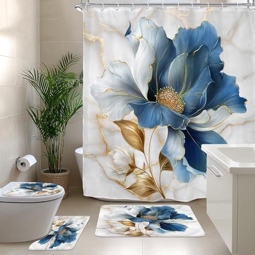 Blue Gold Floral Abstract Modern 4Pcs Bathroom Shower Curtain Set with Rugs