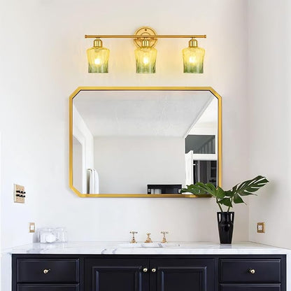 Modern 3-Light Glass Bathroom Light Over Mirror, Gold Vanity Light with Yellow Green Gradient Glass Shade, E26 Bathroom Vanity Light, for Kitchen, Hallway, Cabinet, Bedroom, Living Room